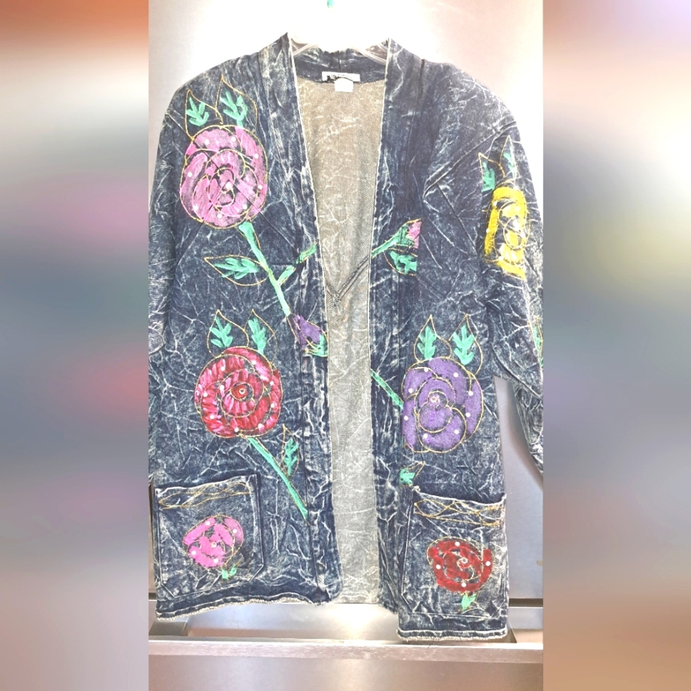 Vtg Christie Of California Denim Jacket Hand Painted Acid Washed Art to Wear 14
